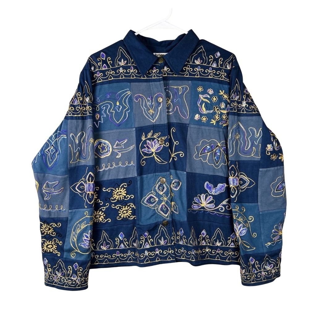 Coldwater‎ Creek Patchwork Shacket XL Floral Embroidered Cottagecore Jean